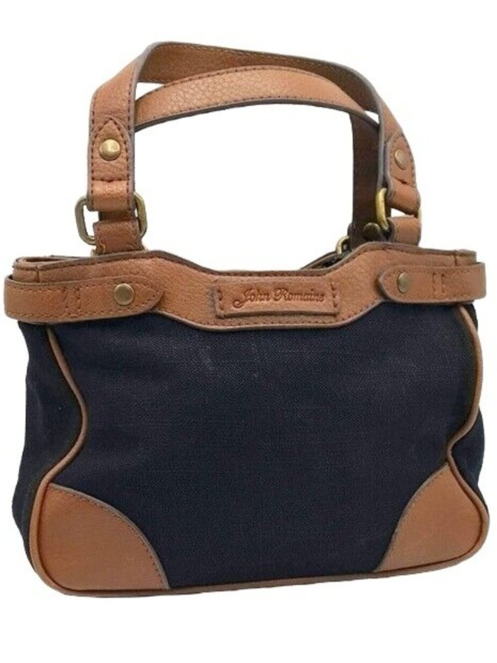 John Romaine Canvas Top Handle Satchel Handbag Black Zip Faux Leather Vintage